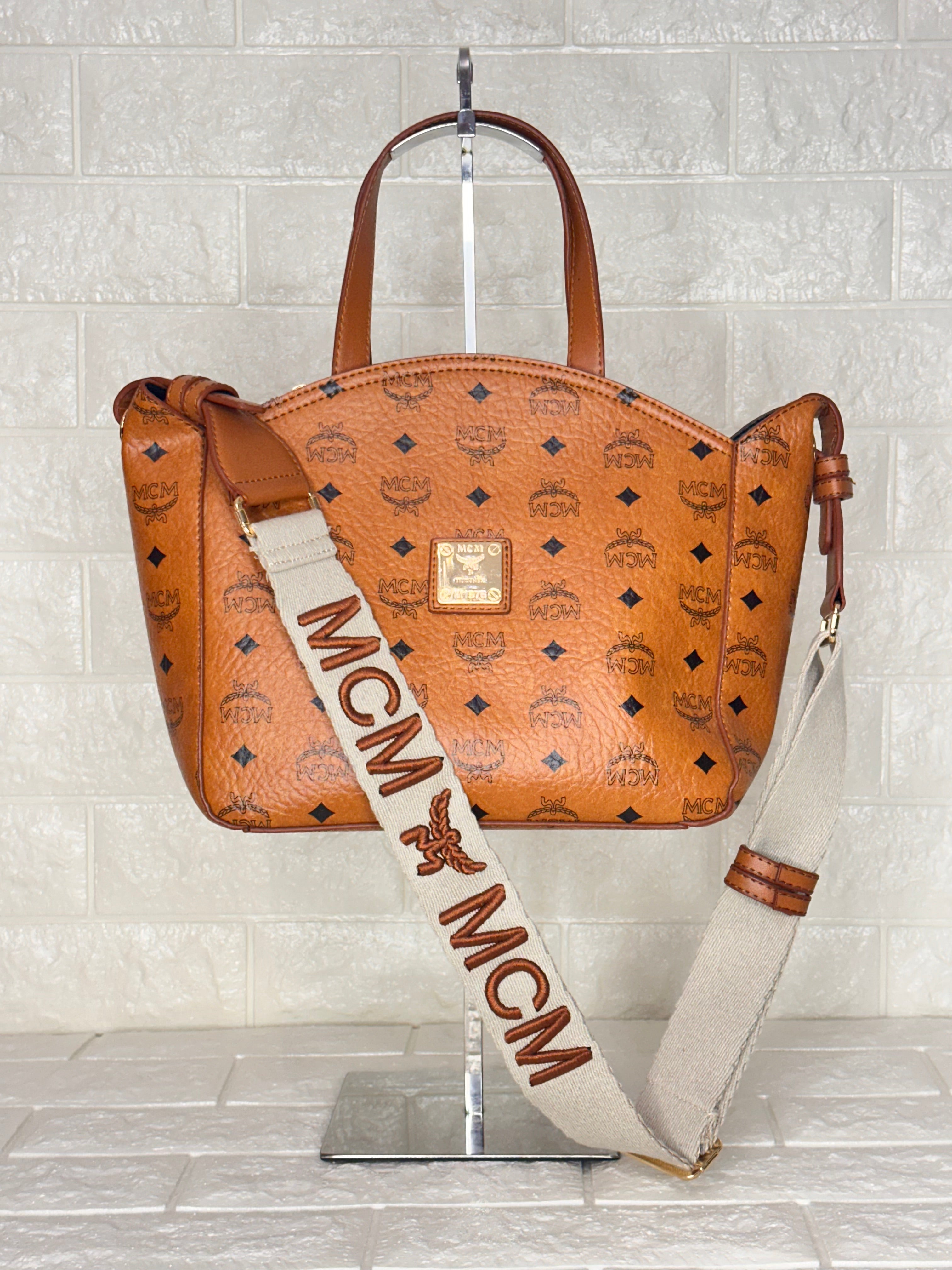 MCM Small Tote Bag Cognac with Beige Strap