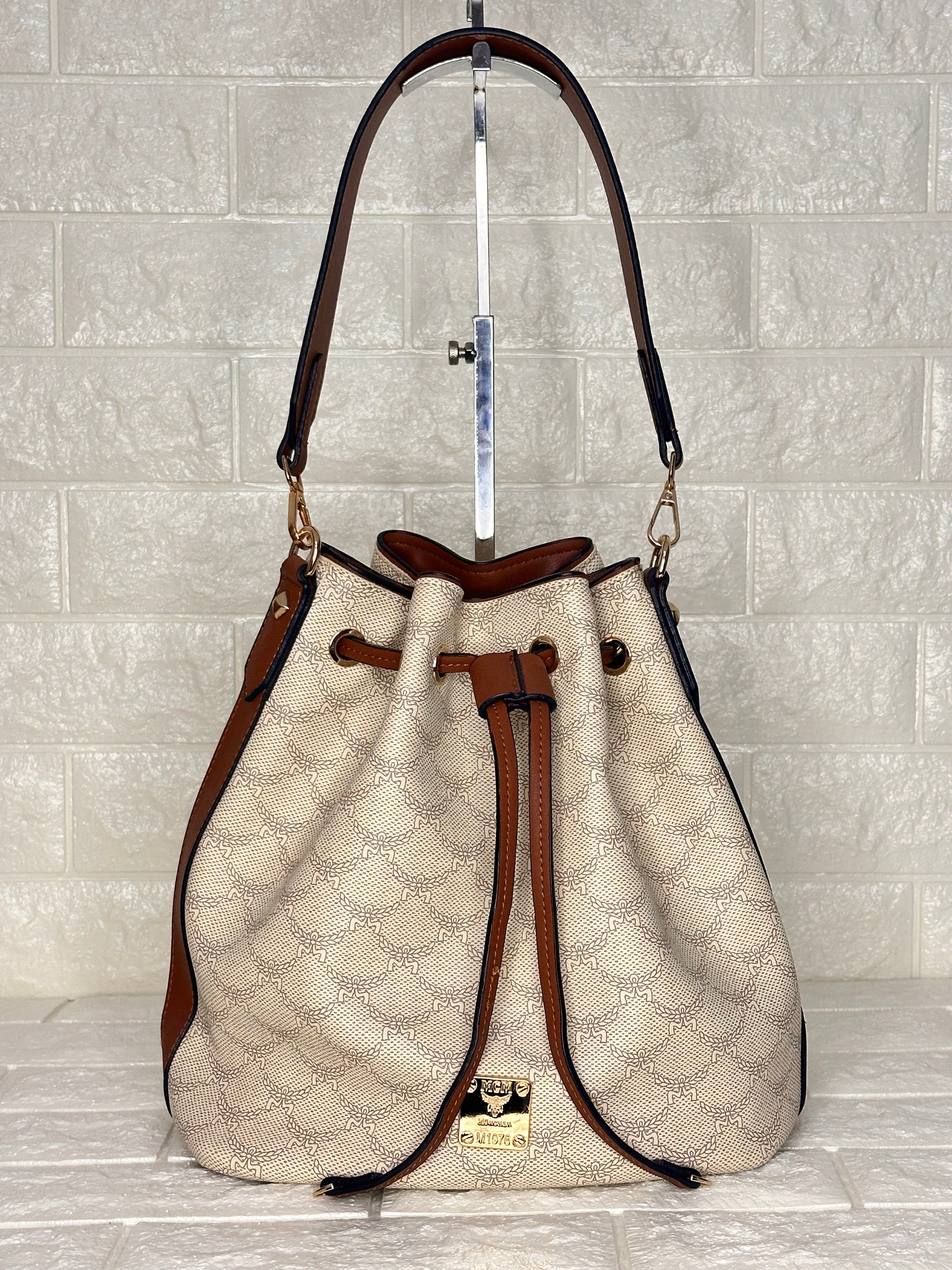 MCM Bucket Bag Beige with Brown Trim