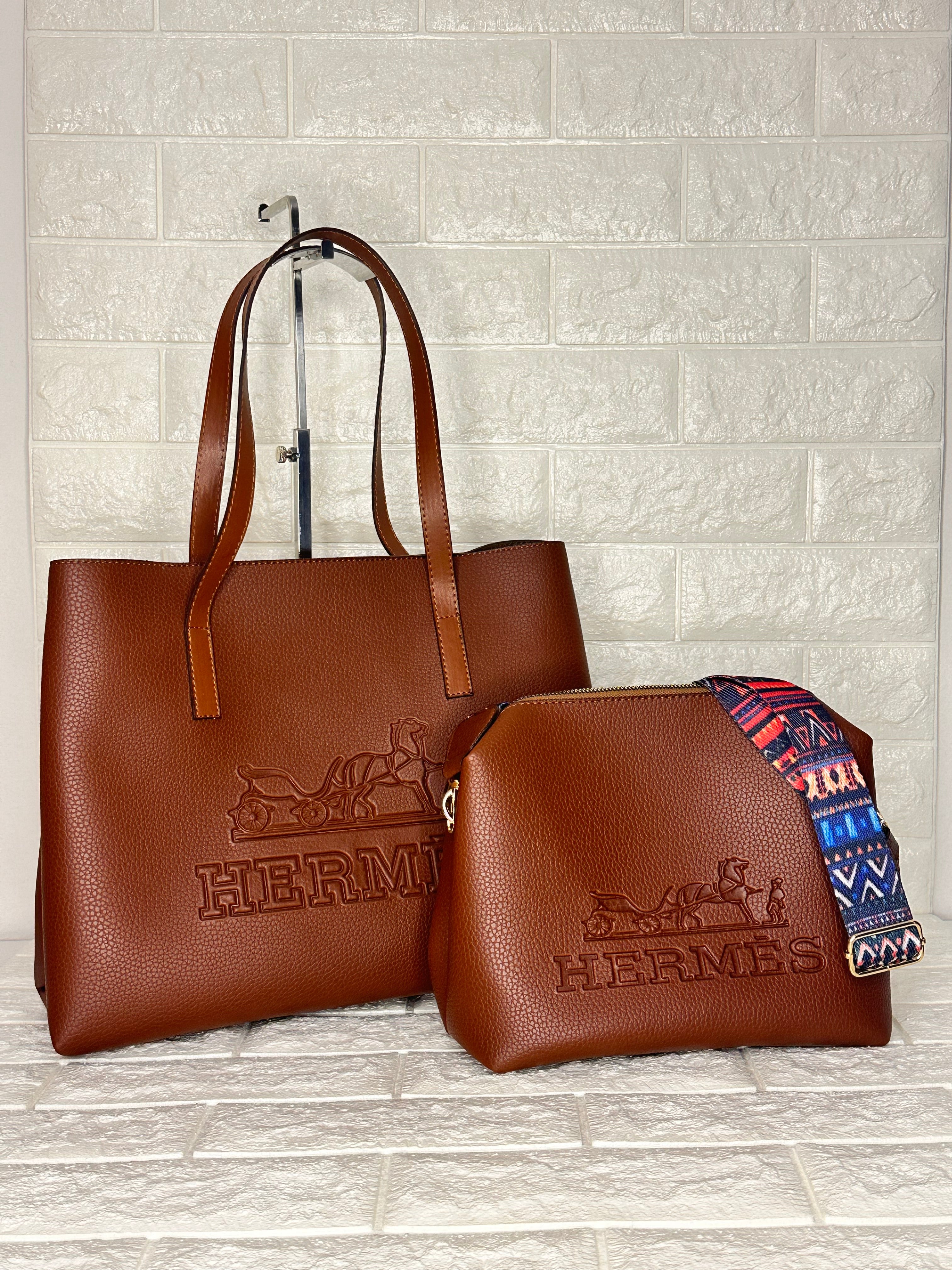 Hermès Tote Bag Set Brown with Pattern Strap
