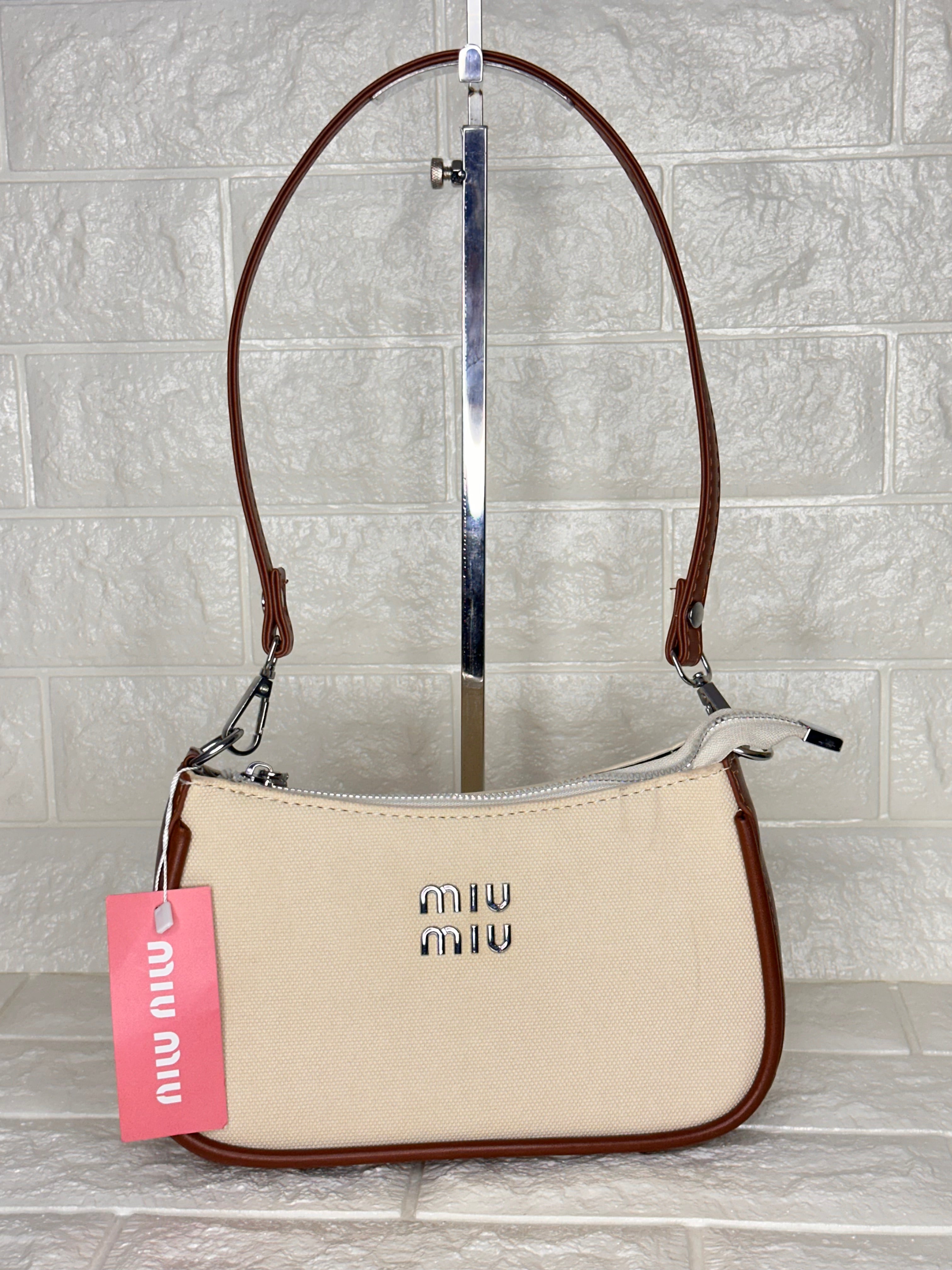 Miu Miu Canvas Shoulder Bag Beige
